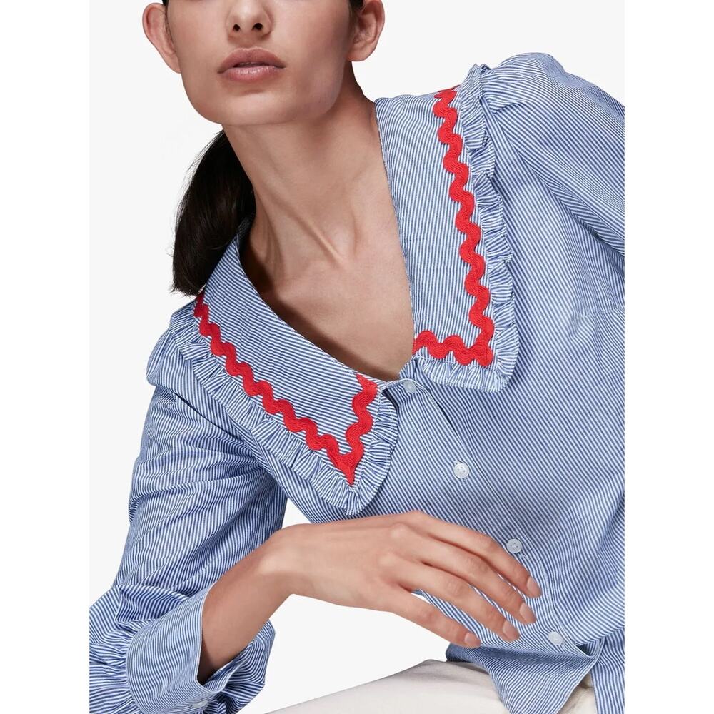 Whistles Women's Blue Striped Ric Rac Collar Button Front Top Size 0